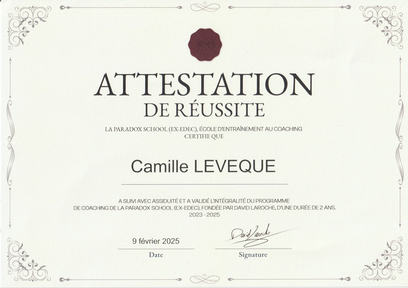 Attestation de réussite — Certification de coaching Paradox School (ex-EDEC), Camille Lévêque, 2023-2025
